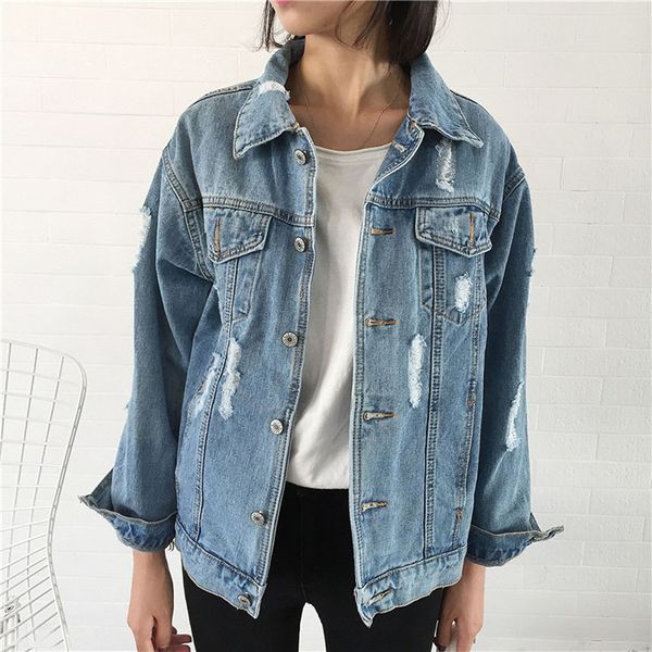 

2019 autumn summer women's casual long sleeve loose bf style retro denim jacket motorcycle punk ripped hole coat l0807, Black;brown