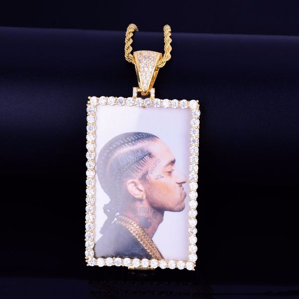 Nuovo pendente con collana di medaglioni quadrati con foto su misura con catena a corda Gioielli hip-hop da uomo in argento con zirconi cubici color oro