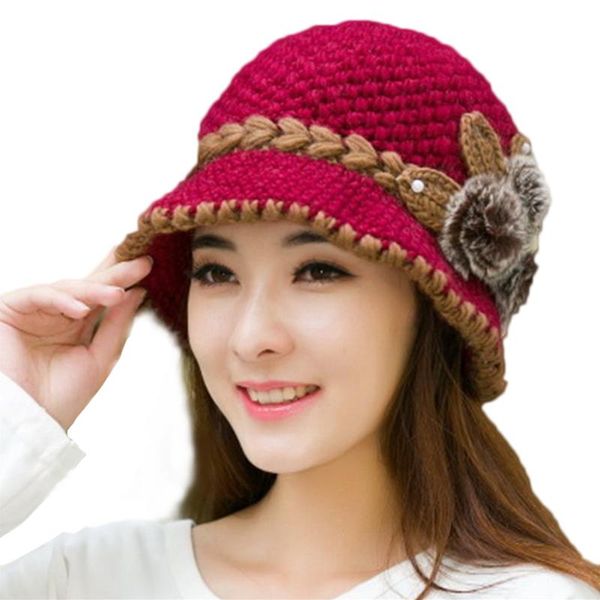 

women hat daily gift comfortable elastic knitted foldable headwear autumn winter flowers decorated warm soft thicken, Blue;gray
