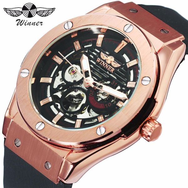 

winner official fashion watch men automatic mechanical rubber strap skeleton dial casual mens watches top, Slivery;brown