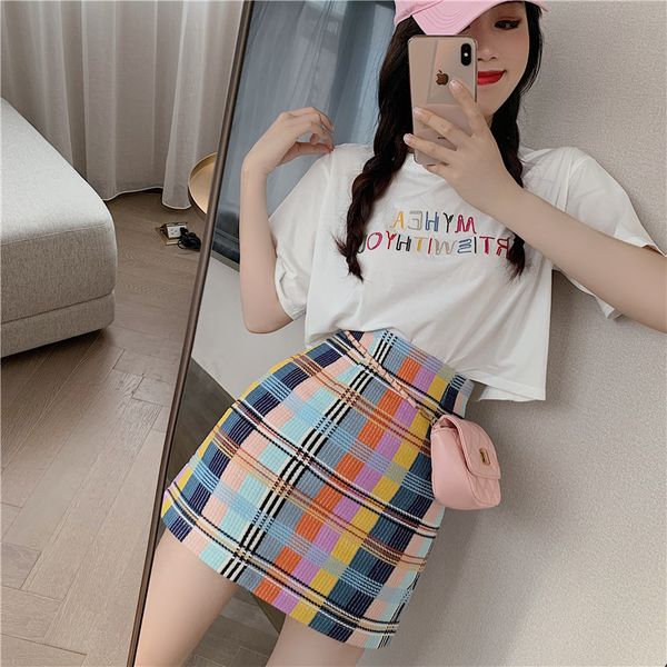

summer new fashion rainbow colorful plaid skirt for women, Black