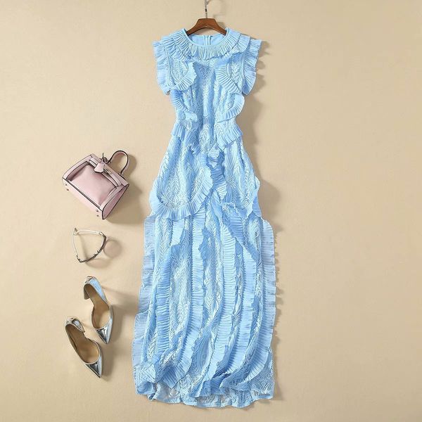 

new spring summer o neck sleeveless panelled lace milan runway dress designer dress brand same style dress 1215 4, Black
