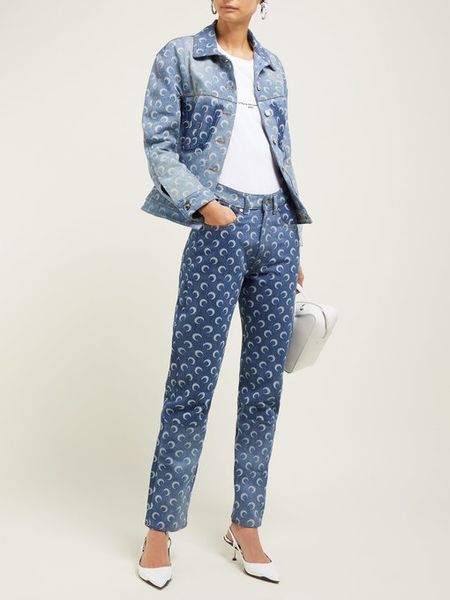 

2020 spring summer women's printed moon pattern slim panel crescent ankle-lenght jeans pants, Blue