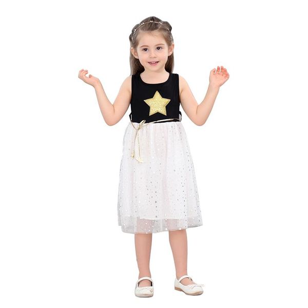 

girls summer dress sleeveless mesh princess party dresses for girl kids black white starry sky clothing dress, Red;yellow