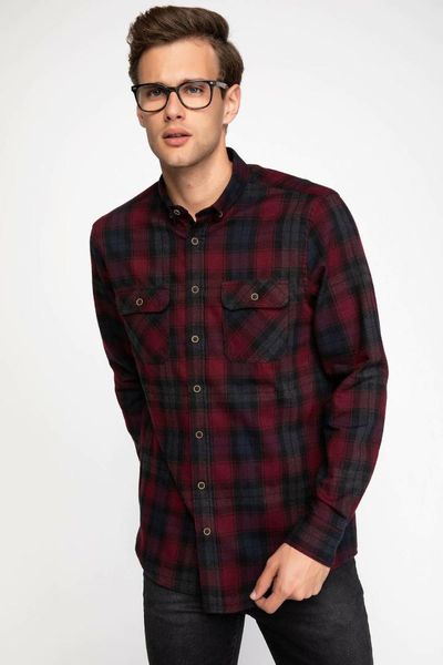 

defacto classic men autumn plaid cotton casual shirt red black grid pattern long sleeve men shirts dual pockets, White;black