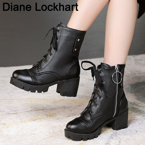 

fashion black ankle boots women high heel short boot winter warm laceing soft leather platform shoes woman booties mujer 45 46