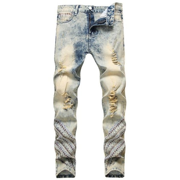 Jeans masculinos luz azul retrô maré nacional bordado rasgado reto estiramento lavado calças vintage