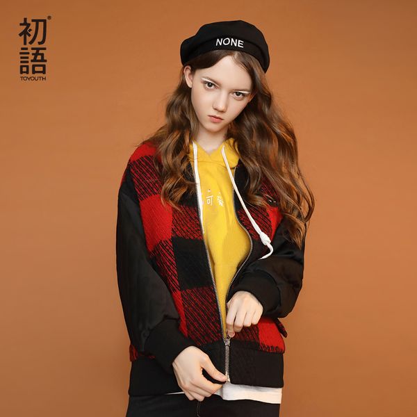 

toyouth patchwork women woolen coats back letter printed loose short coat for women baseball jacket with embroidery, Black