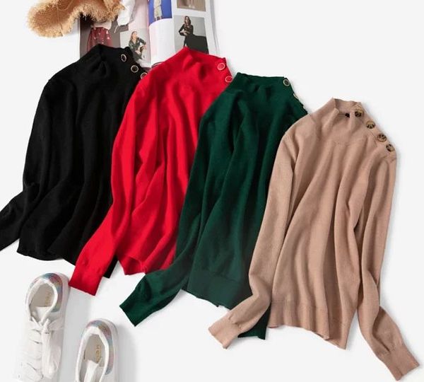 

women sweater 2019 autumn/ winter long sleeve half-high collar button pullover wool sweater, White;black