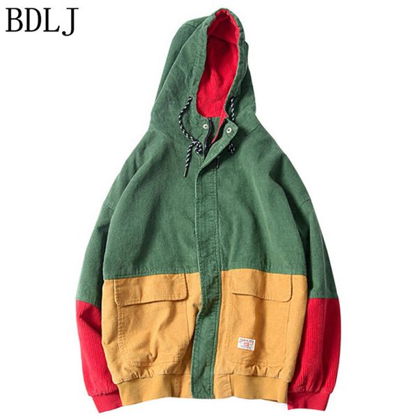 

bdlj new 2017 autumn winter color patchwork corduroy hooded jackets men hip hop hoodies coats male casual streetwear outerwear, Black;brown