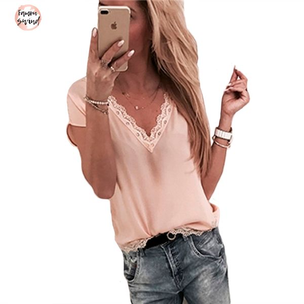 

лоскутная кружева блуза с коротким рукавом v шеи сыпучие вскользь сексуальная рубашка блузка femme мода плед дамы офис топ летняя одежда, White