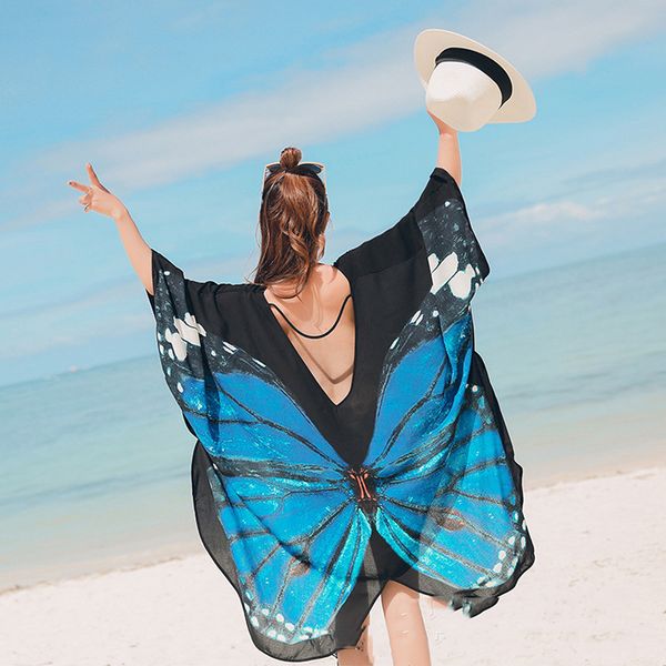

3d print woman japanese style kimono coat butterfly print beach wear pullover&cardigan haori belly dance costumes chiffon, Red