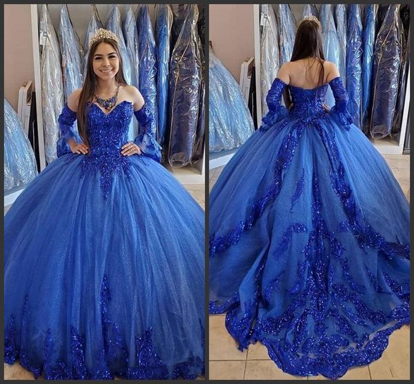 2020 New Royal Blue manga comprida Tulle vestido de baile Quinceanera vestidos baratos do doce 15 Dresses New Prom vestidos de grife de luxo Abendkleider