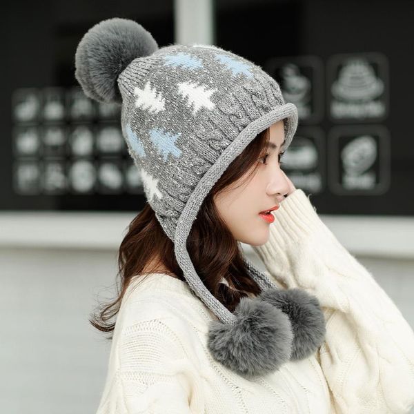 

women winter warm leaf cap 3 ball baggy knit crochet beanie hat ski cap fleece lined headwear hat female pompom with pompon, Blue;gray
