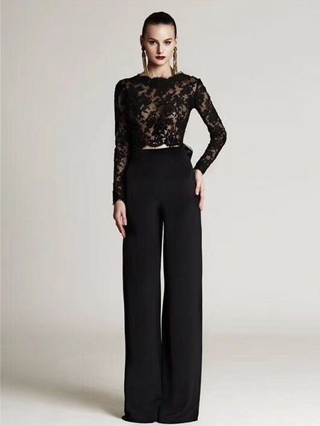

custom made two pieces lace formal pant suits with big bow long sleeves arabic evening gowns black prom party dresses, Black;red