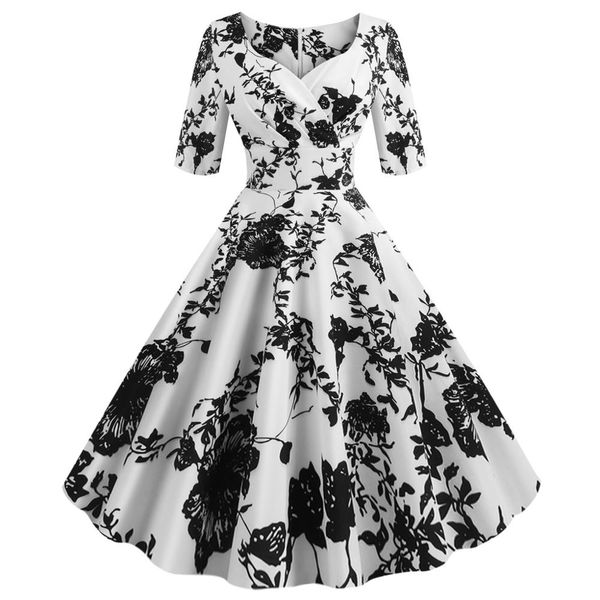 

casual dresses vintage v neck floral print evening prom women dress swing zipper a line hepburn party vestidos de fiesta noche ropa mujer, Black;gray
