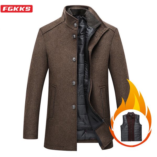 

fgkks winter men wool blend coats casual brand men's luxurious thicken overcoat with vest single breasted wool coat male, Black