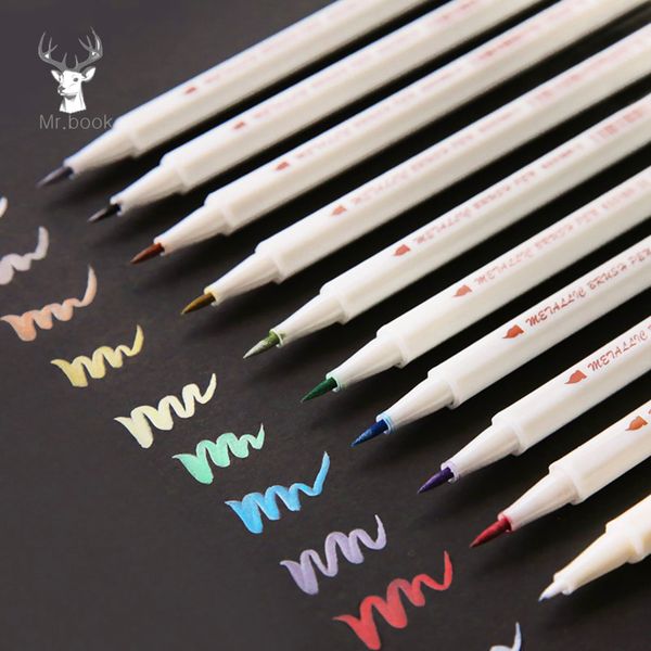

10pcs/box japanese stationery mild liner p decoration metal paint pen fluorescent pen highlighter color mark, Black;red