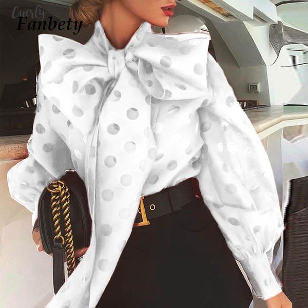 

office lady bow tie blouse shirts women autumn dot print lantern polyester sleeves blusa elegant winter sweet blouses dropshipping, White