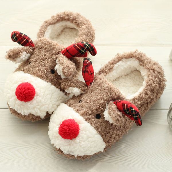 

2019 winter women's slippers warm slippers cute christmas cartoon deer plush shoes non-slip female home indoor cotton, Black