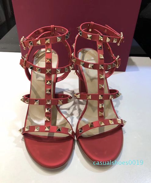 

женщины кожа шпильки сандалии т-ремень сандалии летние высокие каблуки заклепки обувь дамы сексуальная партия обувь 6.5 см 9.5 см 15 цветов, Black