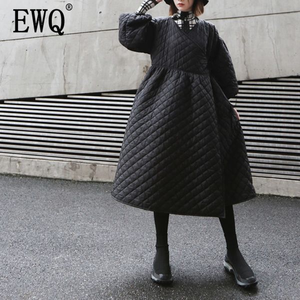 

ewq] 2019 winter fashion new style long sleeve solid patchwork pockets button casual loose cotton padded coat women ac766, Black