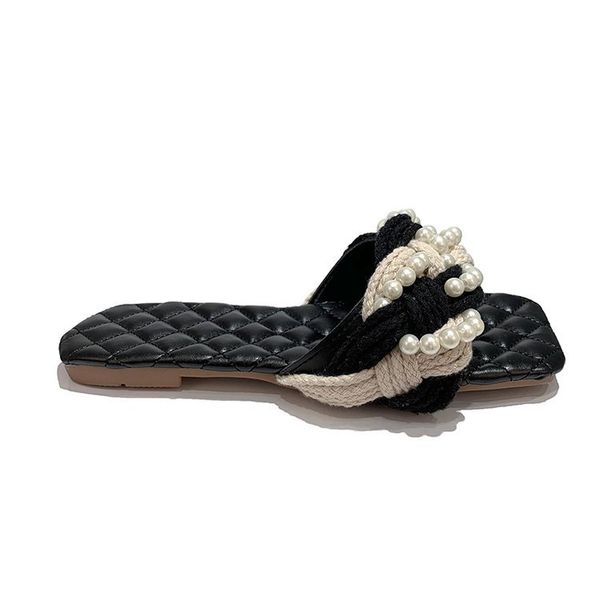 

pearl flat slippers color matching word female embroidered square head female slippers, Black