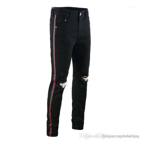 

green red ribbon stretch mens jeans fashion mens pencil pants men designer hole black jeans, Blue