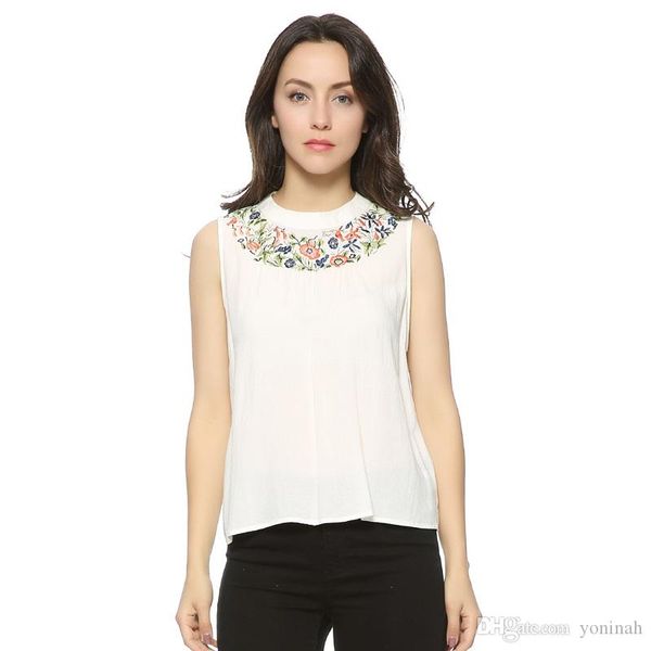 

wholesale women sweet white embroidery floral t shirt sleeveless casual summer tees camisas femininas o-neck elegant