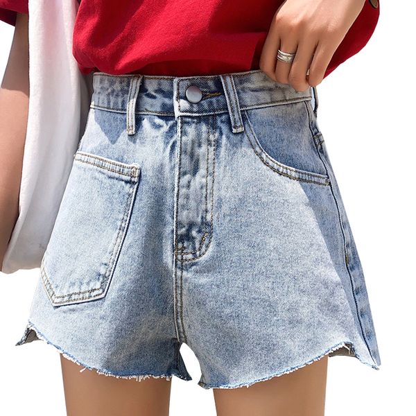 

summer denim shorts women 2019 new harajuku irregular fringed denim shorts loose high waist retro shabby pants female, Blue