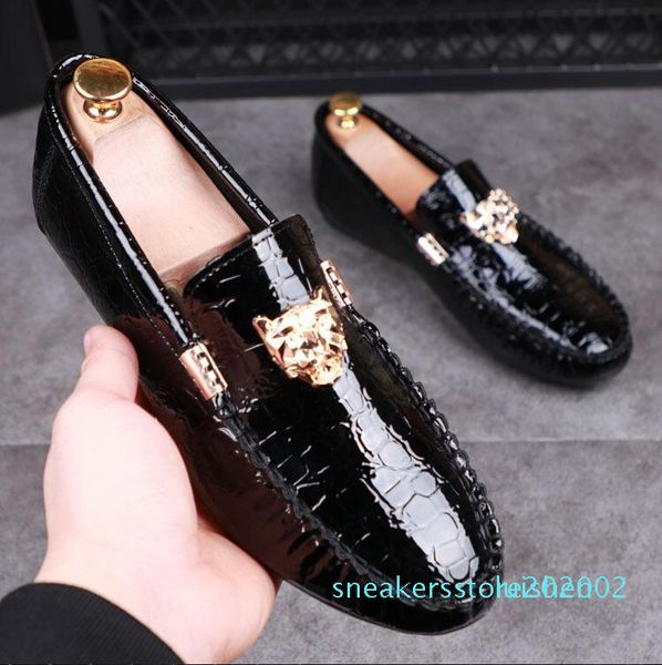 

new 2019 luxury genuine leather men's wedding shoes metal tiger men's banquet party dress loafers 38-43 s02, Black