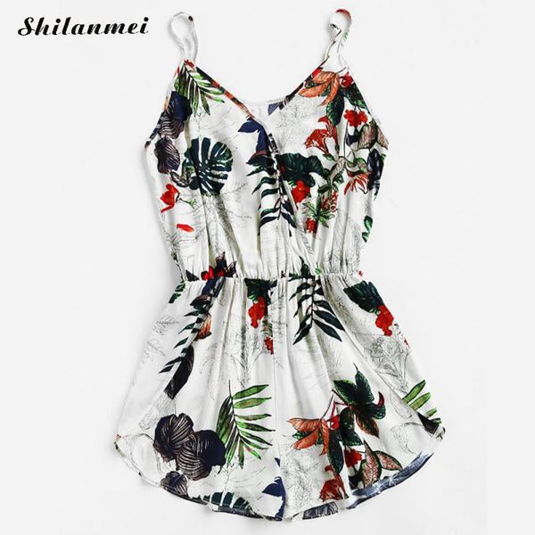 

new bohemia woman fashion casual v neck floral printed short jumpsuit female summer beach cotton slim rompers, Black;white