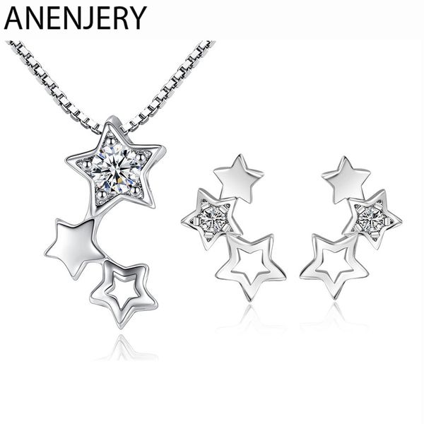 

anenjery 925 sterling silver jewelry sets simple zircon star necklace+earrings for women girl gift