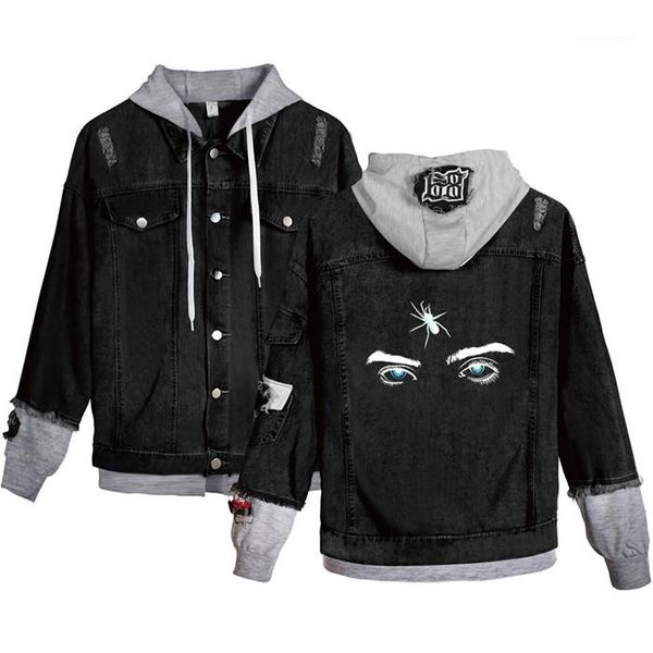 

hole panelled single breasted jeans jacket men long sleeve hooded jacket couple clothing eyes pattern printed, Black;brown