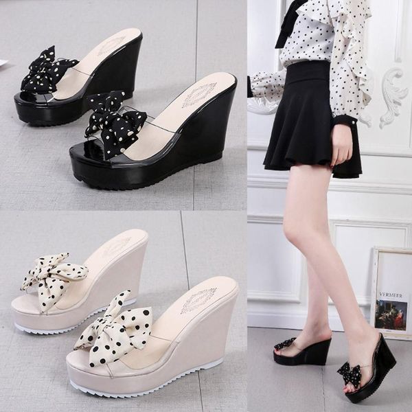 

2020 office fashion lady sandal fish mouth platform high heels wedges sandals bow slope shoes de verano para mujer#, Black