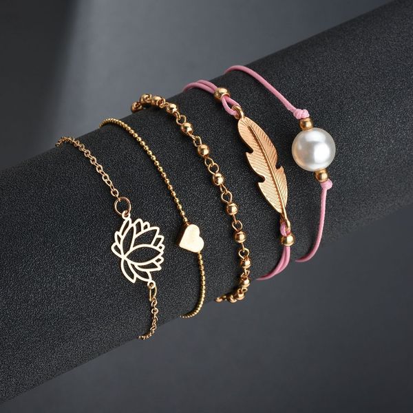 

1 set of popular woven bracelets 5 sets of pearl love leaves bracelet set jewelry direct, Black