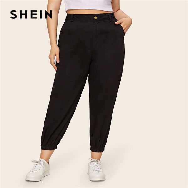 

shein plus size black pocket side solid cropped pants 2020 women casual spring autumn ladies basics plus harem pants, Black;white