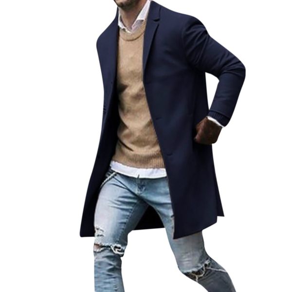 

overcoat woolen coat men autumn winter slim long sleeve suit jacket long jacket solid casaco masculino d90726, Black