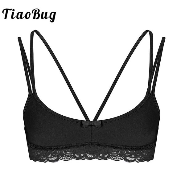 

tiaobug men crossdressing sissy lingerie smooth wire-bralette spaghetti straps lace male bra gay erotic, Red;black