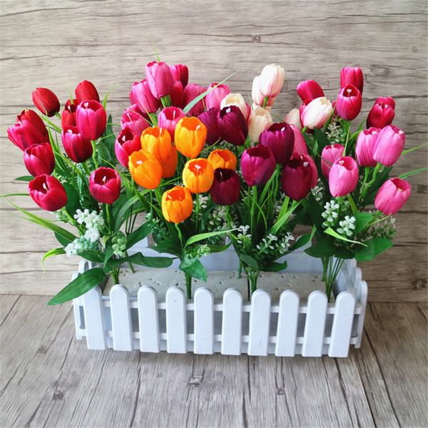 

1 bouquets 7forks 7 heads silk tulip artificial flowers with green leaves for wedding party valentine's day home decor