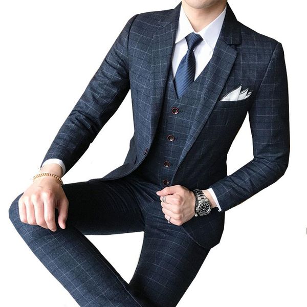 

jacket +vest +pants ) 2018 new men's fashion boutique plaid wedding banquet three-piece male formal business casual dress suits, White;black