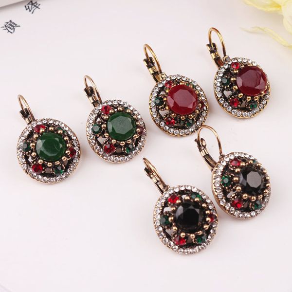

vintage crystal round earrings for women red green black color stone korean fashion simple accessories dangle earrings jewelry, Silver