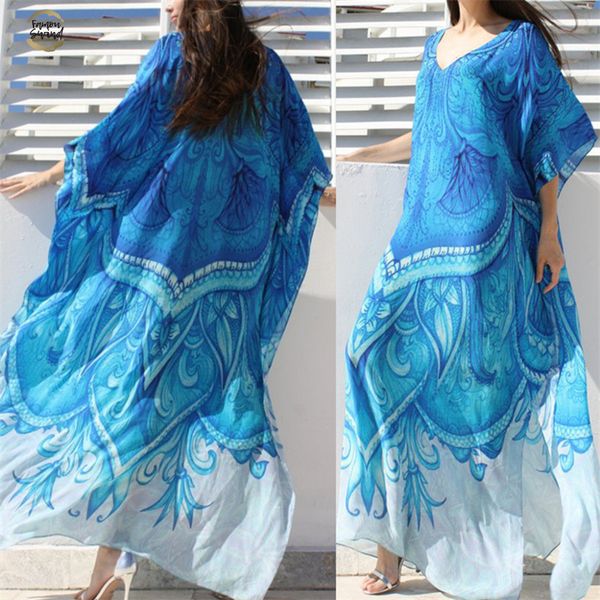 

ocean blue bohemian printed kaftan beach dress plus size tunic women summer beachwear half sleeve maxi dress robe n669, Black;gray