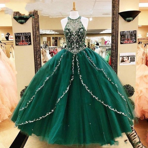 2019 incrível esmeralda verdes barato vestido de bola quinceanera vestidos de baile frasco lantejoulas de cristal halter cautelar saia tulle vestidos de festa meninas