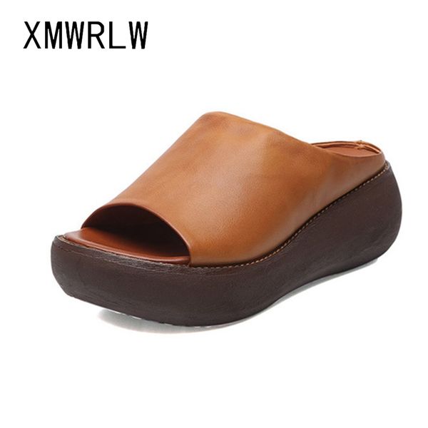 

xmwrlw genuine leather women's summer slipper thick sole platform shoes women slippers 2020 summer ladies retro handmade slipper, Black