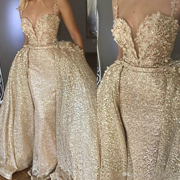 

Shiny gold equin mermaid long evening dre e with detachable train flower lace evening gown abiye dre formal backle 2 piece
