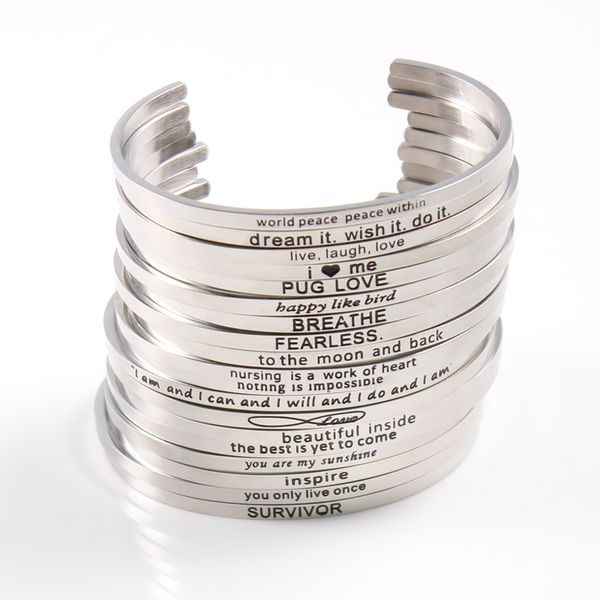 

silver custom stainless steel engraved message bracelet personalized positive inspirational letter bracelet & bangle for women, Black