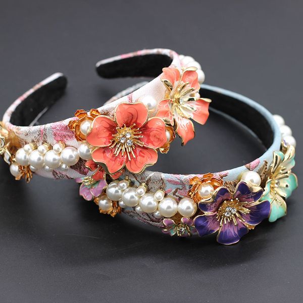 

pearl metal flower baroque headband metal horn flower pearl geometry multi-color versatile headband 854, Golden;white