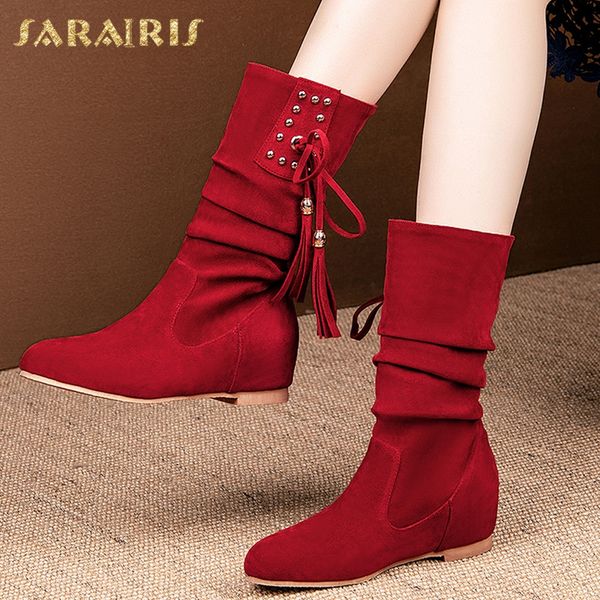 

sarairis med calf boots woman autumn winter fashion flock fringe wedges heels slip on boots woman plus size 30-52, Black