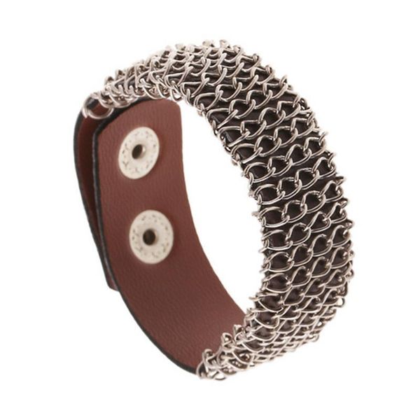 

new fashion alloy link chains covered leather bracelet brown punk cowhide leather wristband with snap fastener men's jewelry accessorie, Golden;silver
